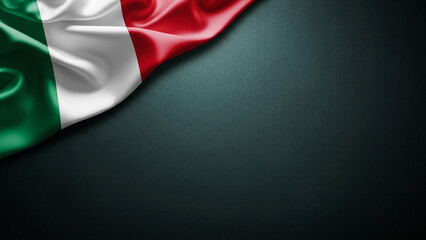 A richly textured Italian flag with elegant folds gracefully drapes across the top left corner of a dark background.