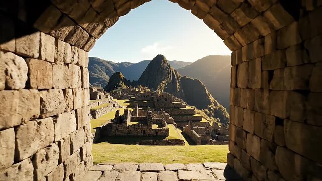 Ancient Inca Ruins Machu Picchu Stone Archway Golden Hour Sunlight Dramatic Landscape Peru