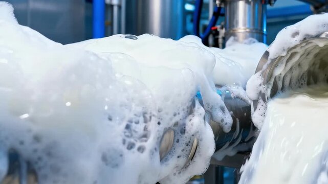 Medium shot of automated CIP system producing thick foam inside milk pipes showcasing thorough cleansing process with expanding bubbles and liquid flow.