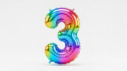 A shiny, rainbow-colored foil balloon shaped like the number three isolated on a crisp white background.