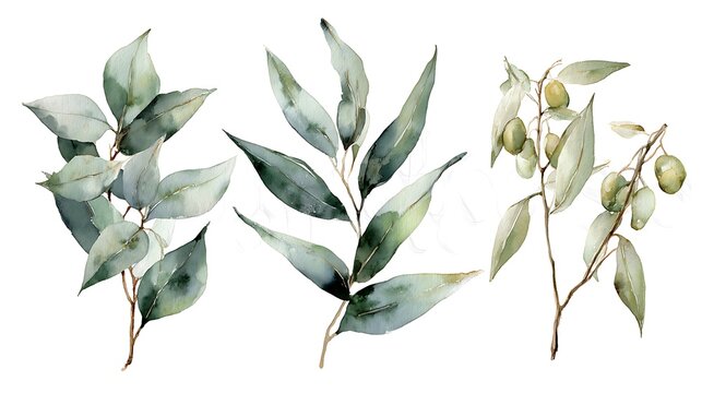 Watercolor eucalyptus leaves and olive branch with green fruits on white background