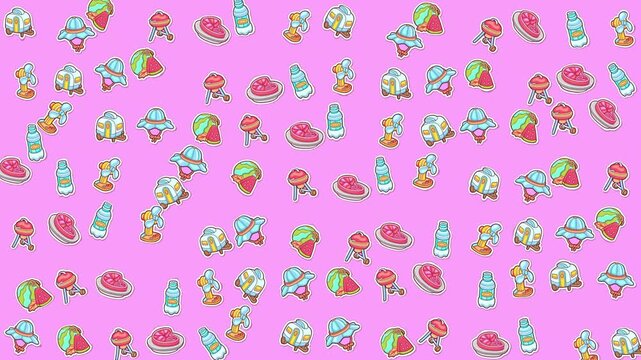 Repeating pattern of summerthemed treats on pink background. Suitable for summer party invitations, social media graphics, and food blogs.