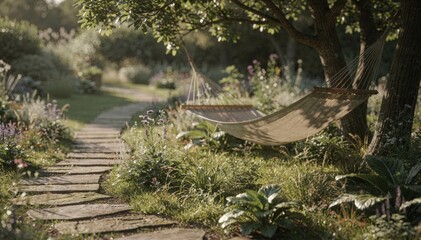 Serene garden edge nook with shaded hammock and native wild plants in sharp focus while accessible stone pathways fade gently into soft bokeh.