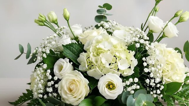 A beautiful and elegant floral arrangement features a stunning mix of pristine white roses, delicate hydrangeas, budding lisianthus, and airy baby's breath, complemented by lush green eucalyptus and f