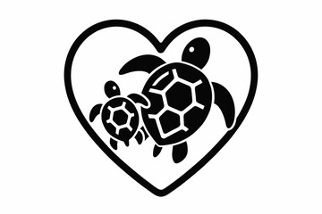Obraz premium Silhouette of two turtles inside a heart shape in a simple black design