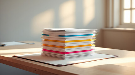 Stack of colorful paper sheets arranged neatly on a wooden desk, illuminated by soft natural light, creating a vibrant and organized workspace atmosphere for creative projects