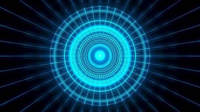 Glowing blue concentric circular interface with radiant digital rings on a dark background