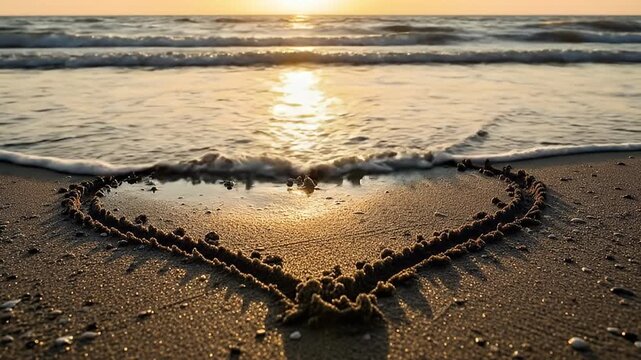 A beautiful golden sunset illuminates a heart drawn in the wet sand of a tranquil beach. Gentle ocean waves approach the shore, gracefully washing over the symbolic heart, creating a tender, ephemeral