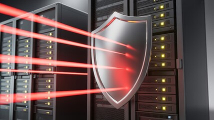 Digital shield protecting servers from red laser attack, symbolizing cybersecurity and data protection.