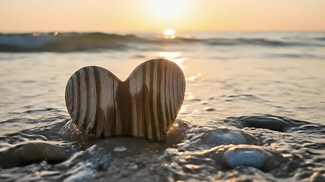 A beautifully crafted wooden heart stands serenely on a tranquil sandy beach, surrounded by smooth, wet pebbles as the golden hour sun casts a warm, ethereal glow over the scene. Gentle ocean waves rh