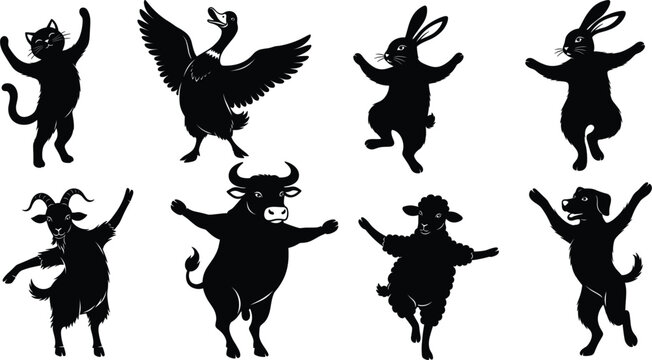 Collection of eight black dancing farm animal silhouettes including cat duck rabbit goat bull sheep and dog isolated on white for vintage design
