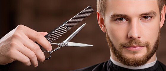 Young man trims his beard with scissors and a comb in a simple setting while looking directly at the camera on a brown background