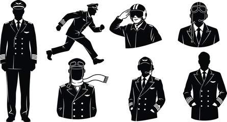 Pilot silhouette illustration, black vector design, aviation uniform, headset pose, military pilot, commercial captain, vintage aviator, flight crew art © MstSuborna