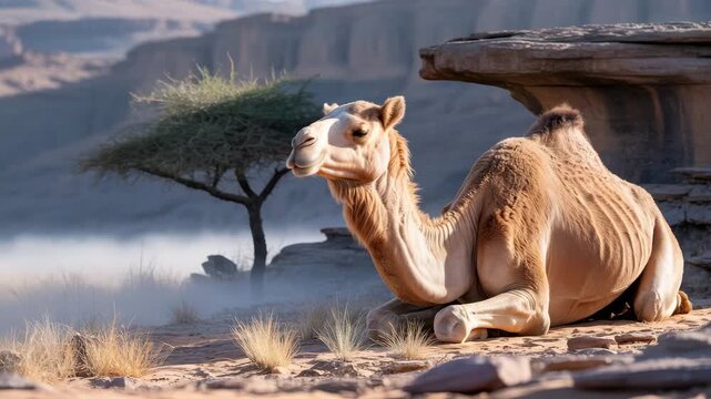 Majestic camel resting calmly in golden desert at sunset horizon