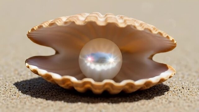 A breathtaking close-up shot reveals an exquisite, iridescent pearl nestled within the gently open halves of a beautiful bivalve shell. The precious pearl radiates a brilliant, star-like glow, highlig