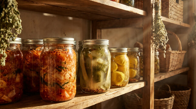 Assorted glass jars of pickled vegetables arranged on rustic wooden shelves in a warm, sunlit pantry, featuring traditional home food preservation and storage.