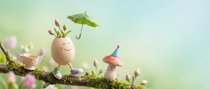 Whimsical egg character with umbrella and mushroom friends nature scene playful art outdoor environment colorful viewpoint joyful concept for creative inspiration