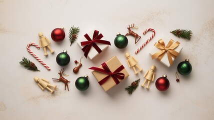 Christmas presents and decorations on a table