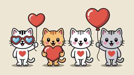 Naklejka premium Four cute cats with hearts and balloons Vector