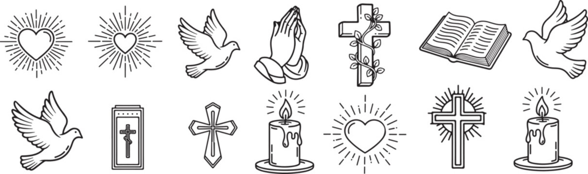 Thanksgiving reflection faith icon collection with 6 black and white cartoon vector symbols.eps