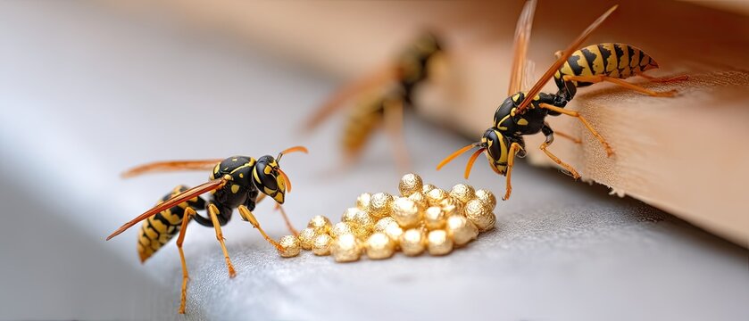 Close-up view of wasp nest with larvae and hornets building honeycomb