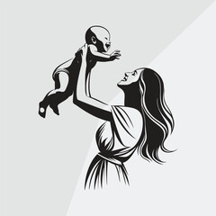 Fototapeta premium minimalist line art of mother lifting baby joyfully in black