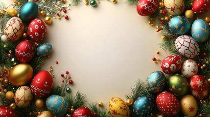 Colorful decorated eggs and ornaments arranged around a blank space for holiday greeting cards or crafts