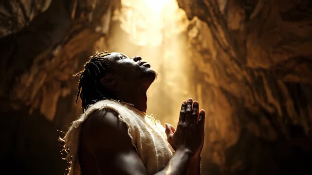 man in cave clasped hand in prayer. wing and silhouette framed by light beam. spirit and pose captured among rock walls. prayer and light create contemplative contrast. beam bathes figure and rock.