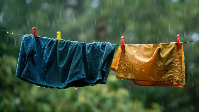 Wet clothes hanging on a clothesline during a summer rainstorm