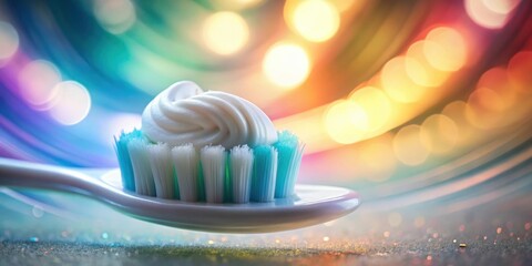 A close-up of toothbrush bristles with a dollop of minty toothpaste against a vibrant, blurred background of colorful lights.