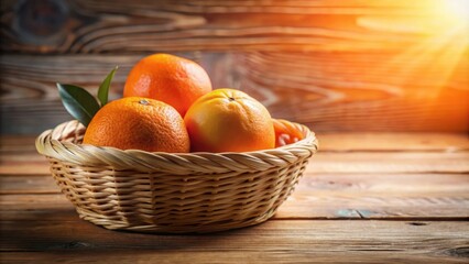 A wicker basket filled with ripe citrus fruits, bathed in warm sunlight on a rustic wooden surface