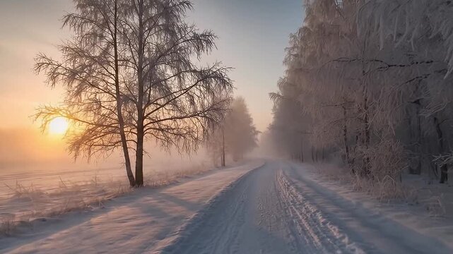 A breathtaking winter landscape unfolds as the golden sun rises or sets over a snow-covered field, casting a warm, ethereal glow through a gentle misty haze. A winding, snow-packed road with distinct 