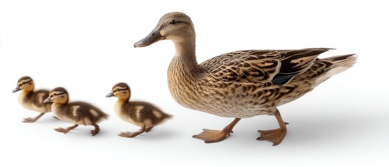 Mother duck walks with three baby ducklings in a line across a white background in a clear and detailed photograph taken in bright light