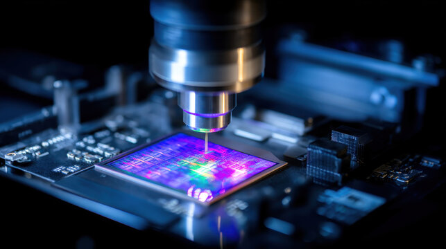 Laser inspection of semiconductor wafer under microscope with colorful reflection and precise probe