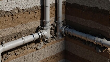 Cutaway of underground pipes within soil layers and concrete