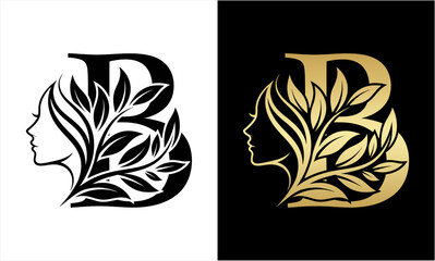Elegant B Letter Logo with Woman Face and Leaves. © Firza