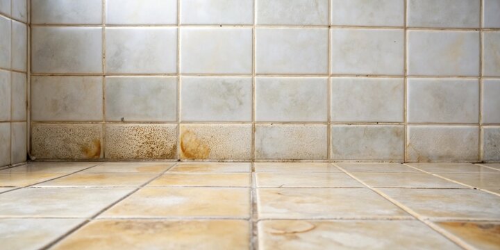 Dirty and stained tile wall and floor needing cleaning