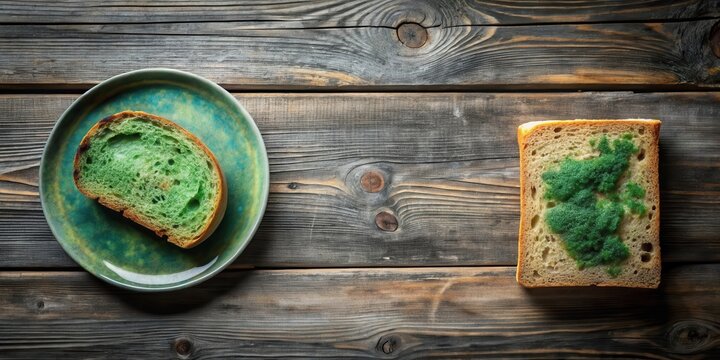 A slice of bread with green topping on a plate and another slice with green mold on a rustic wooden surface