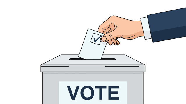 Hand of a voter putting marked ballot paper into official voting box during election day or political referendum process.