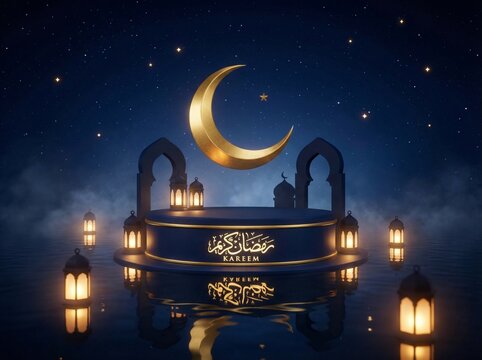 Ramadan Kareem scene with lanterns and moon