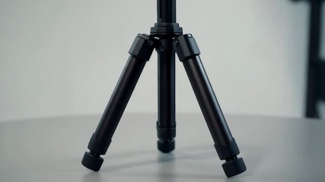 Videographer setting up a compact black tripod