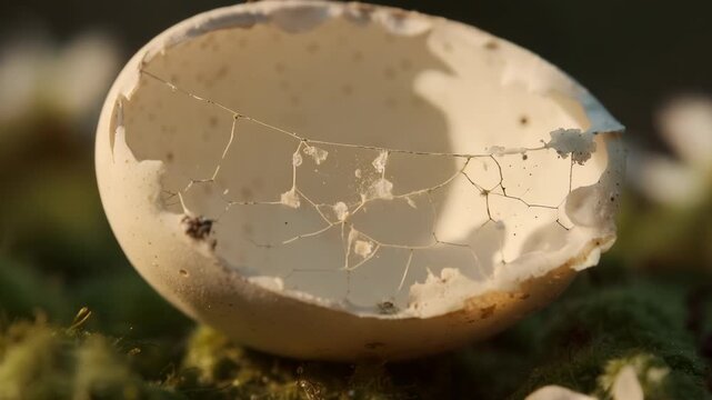 Broken eggshell resting on green moss with small white flowers