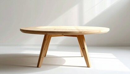Minimalist round wooden table with angled legs bathed in sunlight showcasing craftsmanship and natural elegance