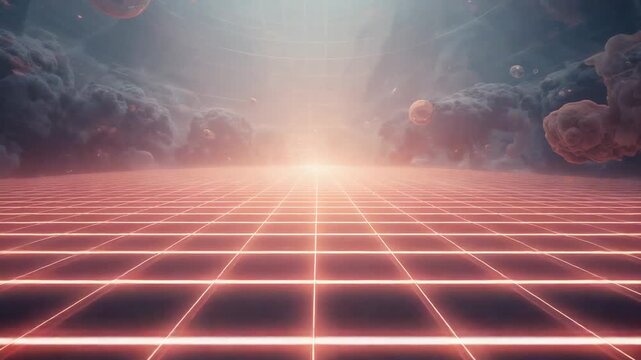 Responding to rising central glow, pulsing neon-lit grid plane and spheres lighting neon landscape