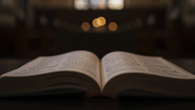 Camera shifting focus, open book on dark wooden table becoming sharper in chapel, showing bokeh