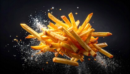 Golden French fries flying mid-air with seasoning against dark backdrop showcasing crispy texture and culinary energy