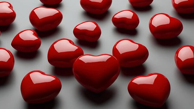 A captivating display of numerous glossy, red heart shapes scattered across a subtle grey background. Each heart possesses a smooth, reflective surface, catching the light and creating appealing highl