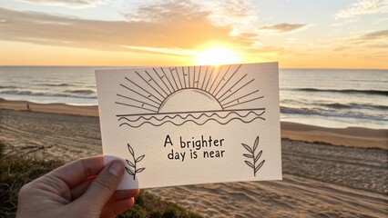 Person Holding Card With Sunrise Sketch On Beach At Dawn