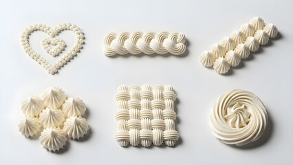 Collection of Piped White Meringue and Cream Dessert Decoration Shapes on White