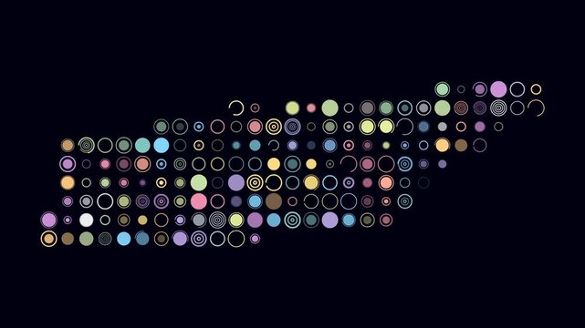 Tennessee animated shape. Pulsating colored dots on the map of the state. Large size circle blocks. Digital style Tennessee map on dark background. Amazing animation video.